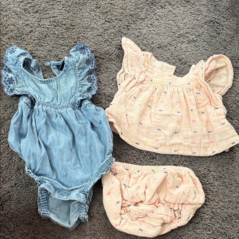 GAP Baby Girls Blue Denim Romper with Peach Muslin Top & Bloomers